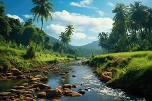 River flows through lush green valley with backdrop of mountains. Indian landscape. Water is crystal clear and surrounding trees are tall and green. Peaceful and serene scene. . photo