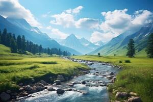 Indian landscape. River flows through a lush green valley with mountains in the background. The scene is serene and peaceful. . photo