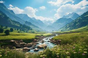 River flows through lush green valley with backdrop of mountains. Indian landscape. Water is crystal clear and surrounding trees are tall and green. Peaceful and serene scene. . photo