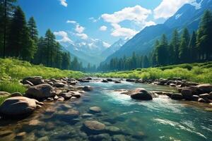 Indian landscape. River with a mountain in the background. The water is clear and the sky is blue. The scene is peaceful and serene. . photo