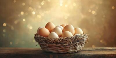 Rustic basket of farm-fresh eggs against warm sparkling background photo