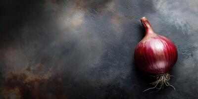 Single red onion on dark rustic background moody food photography photo