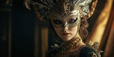 Elegant woman in extravagant venetian mask with gold and feather details photo