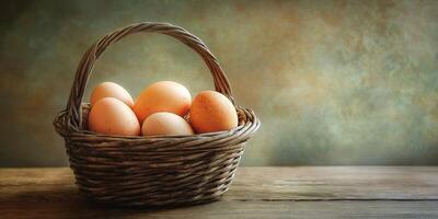 Rustic basket of farm fresh eggs on wooden table with textured backdrop photo