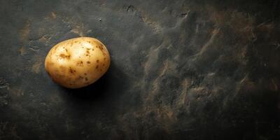 Single potato on dark rustic background highlighting texture and imperfections in natural light photo
