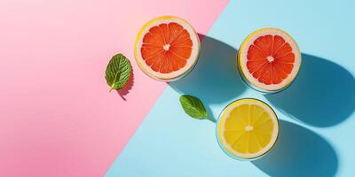 Colorful citrus slices on pastel background refreshing summer vibes with grapefruit and lemon photo