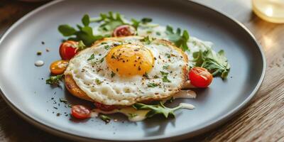 Delicious fried egg dish with fresh arugula and cherry tomatoes on plate photo