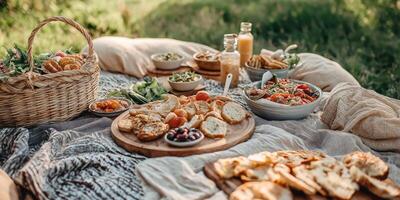Outdoor picnic spread with bread, salads, and juices on cozy blanket in nature photo