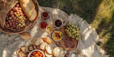 Cozy outdoor picnic with fresh fruits, bread, and spreads on a rustic blanket photo