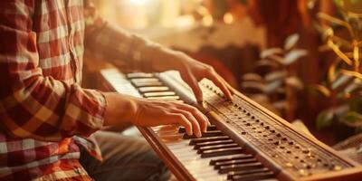 Hands Playing Keyboard Piano at Home with Warm Sunlight photo