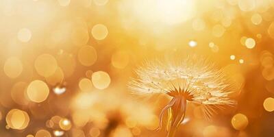 Golden Dandelion in Morning Sunlight with Dew Droplets and Bokeh Background photo