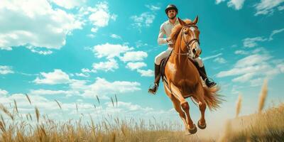 Man Riding Horse in Field Under Blue Sky with Clouds in Daylight photo