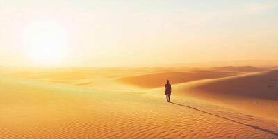 Solitary figure walking across golden sand dunes at sunrise photo