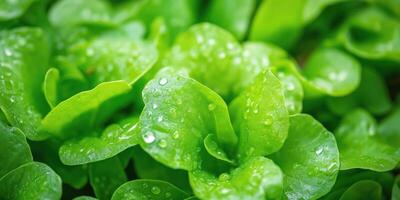 Fresh green lettuce leaves with dewdrops in a lush garden setting photo