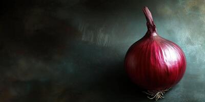 Moody red onion against dark rustic background with dramatic shadows photo