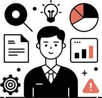An illustration of a business professional in a suit, surrounded by various business icons like charts, graphs, a globe, a document, and a gear. vector