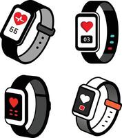 A set of four smartwatches with different designs, displaying heart rate icons and fitness metrics on their screens vector