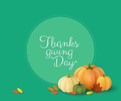 Thanksgiving day background with pumpkins and autumn leaves. Traditional harvest holiday greeting card vector