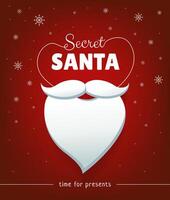 Secret Santa banner design with white beard and snowflakes on red background. Time for presents vector
