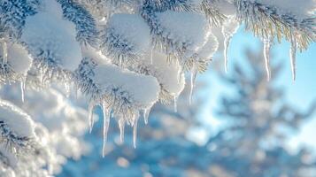 Snow and ice clinging to a pine tree branch on a cold winter day photo