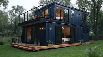 Modern tiny house made with recycled shipping containers at sunset with green lawn photo