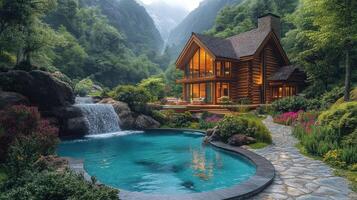 Luxurious log cabin with cascading waterfall pool and breathtaking mountain views photo