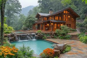 Luxurious log cabin with cascading waterfall pool and breathtaking mountain views photo
