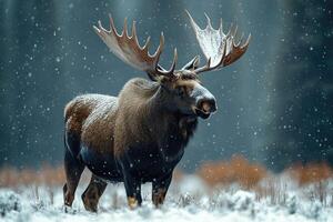 Large bull moose standing in snowfall with antlers covered in snow photo