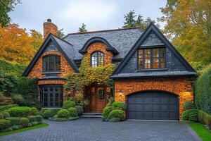 Modern brick house with glowing windows at dusk photo