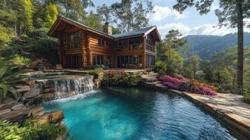 Luxurious log cabin with cascading waterfall pool and breathtaking mountain views photo