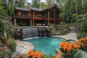 Luxurious log cabin with cascading waterfall pool and breathtaking mountain views photo
