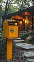 Yellow mailbox standing in front of a modern house with palm trees photo