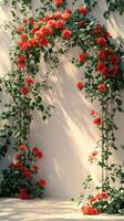 Beautiful floral archway covered in red roses leading to a field of wheat photo