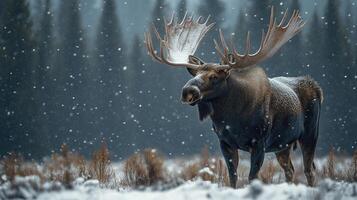 Large bull moose standing in snowfall with antlers covered in snow photo