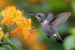 Hummingbird hovering near orange flower feeding on nectar with blurred background photo