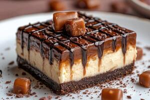 Delicious no-bake caramel cheesecake layered with chocolate and nuts being drizzled with chocolate sauce photo