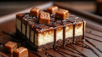 Delicious no-bake caramel cheesecake layered with chocolate and nuts being drizzled with chocolate sauce photo