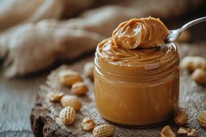Spoon scooping creamy peanut butter from jar surrounded by peanuts photo
