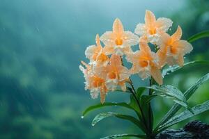 Yellow orchids blooming under the rain in a lush forest photo
