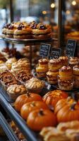 Delicious golden brown cakes displayed in bakery window display case photo