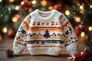 Baby christmas sweater waiting on a wooden table with christmas tree lights in background photo