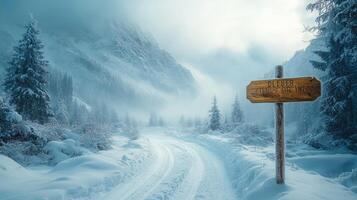 Fog rolling through snowy mountains covered in pine trees photo