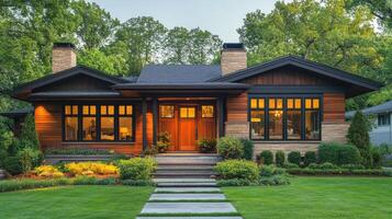 Luxurious mid-century modern home with lights illuminating the windows at dusk photo