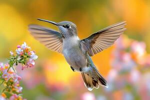 Hummingbird hovering near orange flower feeding on nectar with blurred background photo