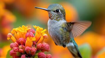 Hummingbird hovering near orange flower feeding on nectar with blurred background photo