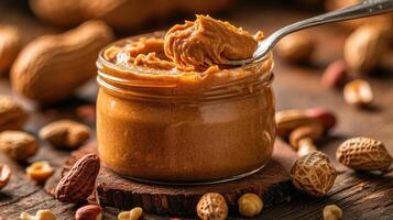 Spoon scooping creamy peanut butter from jar surrounded by peanuts photo