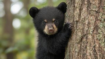 Black bear cub peeking around tree trunk in forest photo