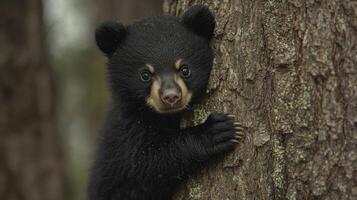 Black bear cub peeking around tree trunk in forest photo