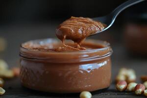 Spoon scooping creamy peanut butter from jar surrounded by peanuts photo