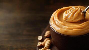 Spoon scooping creamy peanut butter from jar surrounded by peanuts photo